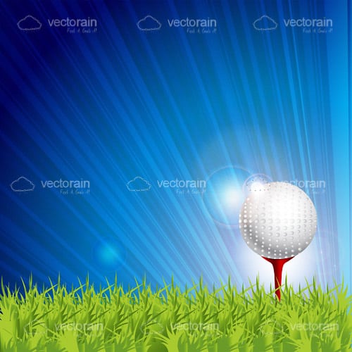 Golf Ball on Tee over Green Grass and Blue Sky